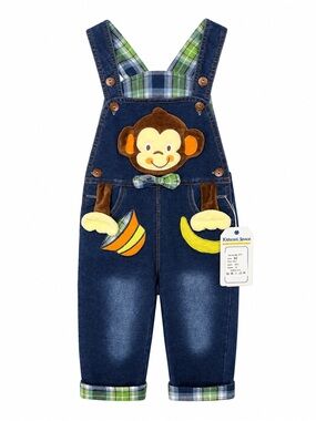 Children's Navy Denim Monkey Overalls with Green Plaid Trim